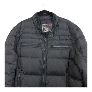 Guess Down Puffer Jacket Men Sz XL Black Nylon Full Zip Waterproof Moto Zip Cuff